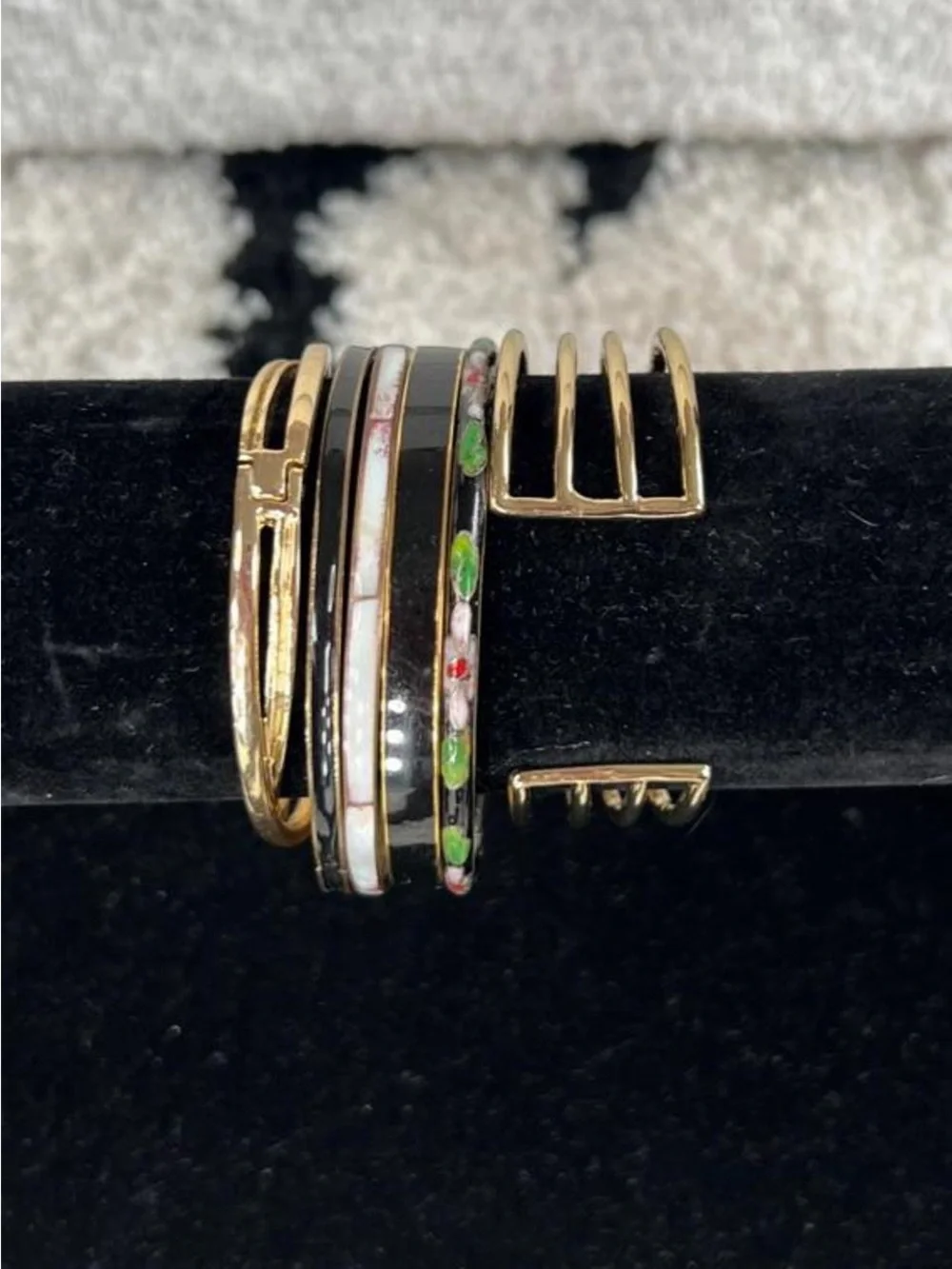 Vintage gold tone cloisonné and mother of pearl Multi-colored bangle set